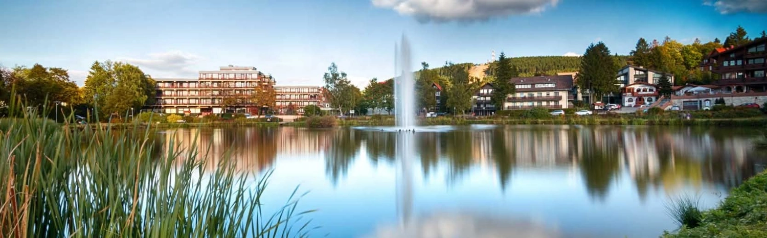 Reiselust Hahnenklee – Ferienhaus – Ein malerischer Moment am Druskonis-See in Druskininkai, Litauen, mit Wasserfontänen im See.