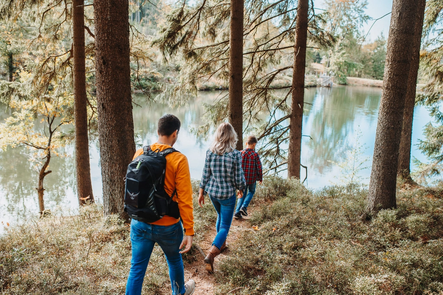 Reiselust Hahnenklee – Ferienhaus – eine Gruppe von Freunden unternimmt einen Spaziergang oder eine Wanderung auf einem Waldweg, der zu einem See oder einem anderen Gewässer hinunterführt.